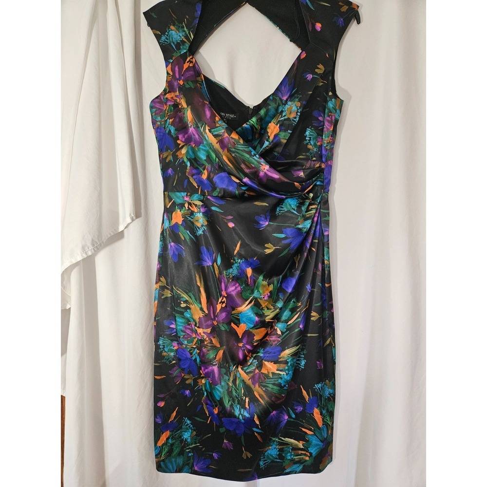 London Style Womens Dress Size 12 Floral Rear Zip Open Shoulder Colorful Black